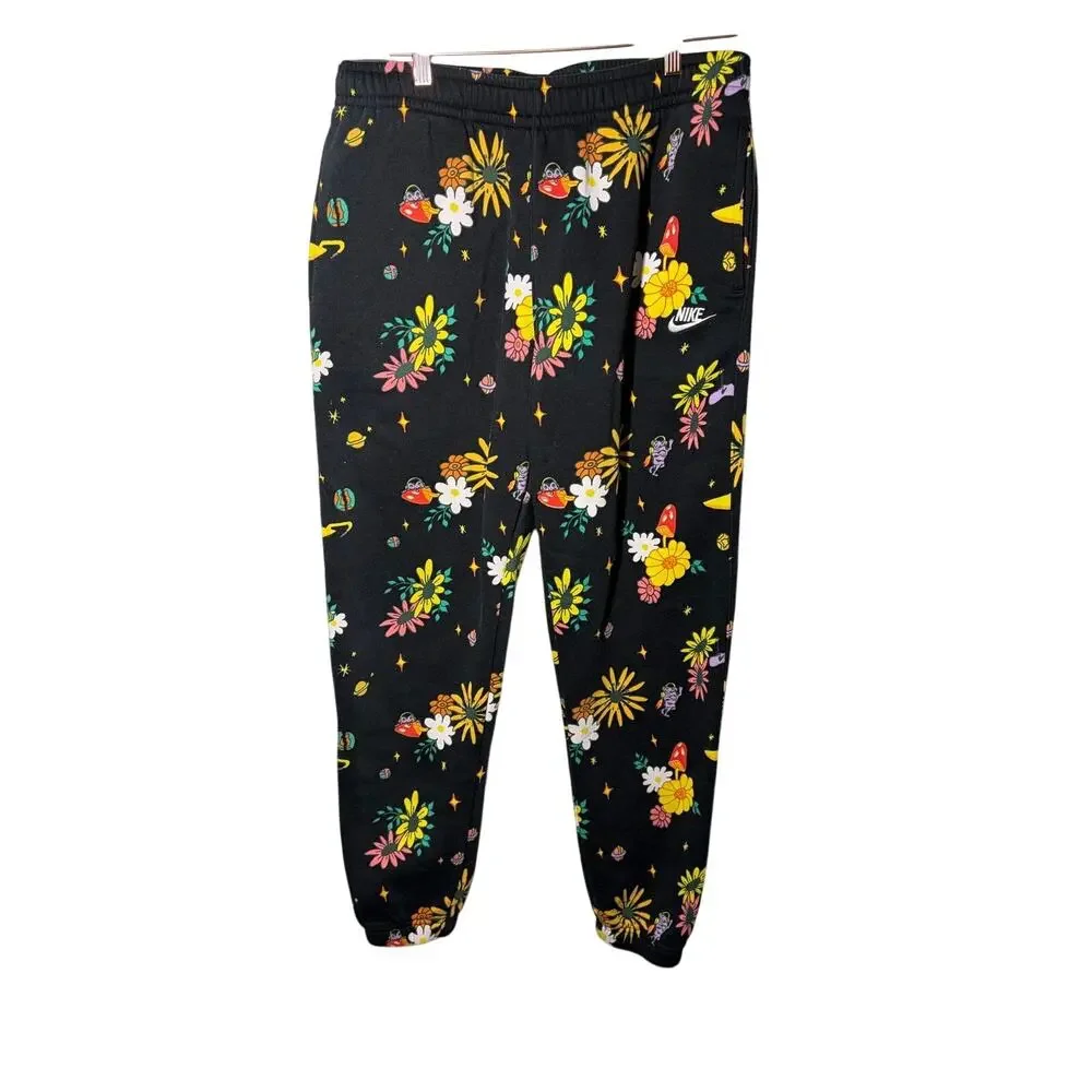 Nike Sportswear Club Fleece Pants Outer Space Print Soft Joggers Black Large